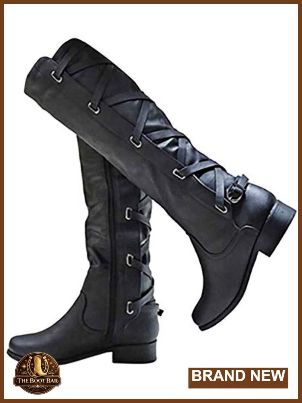 Womens Lace Up Knee High Boots Motorcycle Riding Flat Low Heel Faux Leather